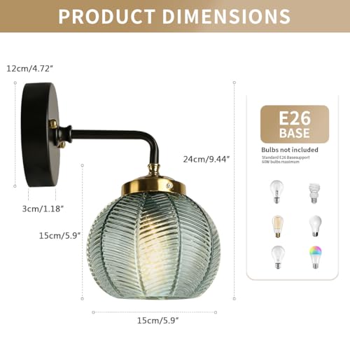 Image of Black Gold Bathroom Light Fixture Green 1-Light Bathroom Vanity Lamp | Mid Century Vanity Light Art Deco Light with 15cm /5.9″‌ Globe Glass Ribbed Lamp Shade for Over Mirror Bedroom Hallway 2 Pack