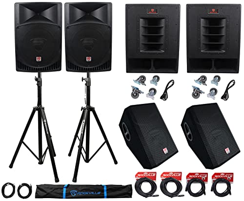 Rockville RPG15 Bundle 15 in 1000W Peak / 250W RMS Powered Speakers, RBG15FA 15 in 2400W Peak / 600W RMS Subs, RSM12A V2 12 in 250W RMS Monitors, Stands and XLR Cables, 10-Items
