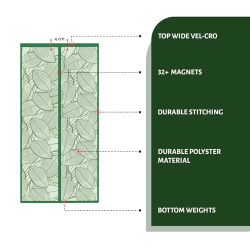 Image of TurtleGrip Magnetic Door Mosquito Net Curtain with New Leaf Design | Full Frame Hook & Loop for Main, Bedroom, Kitchen & Balcony Doors (210x105 cm, Forest Green) | Measure Before Ordering