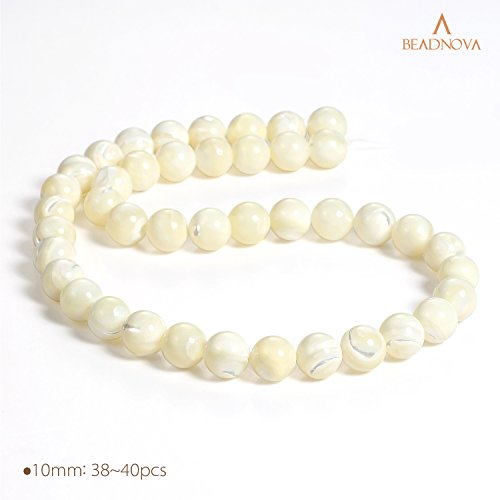Image of BEADNOVA Natural White Mother of Pearl Shell Beads Natural Crystal Beads Stone Gemstone Round Loose Energy Healing with Crystal Stretch Cord for Jewelry Making (10mm, 36-38pcs)