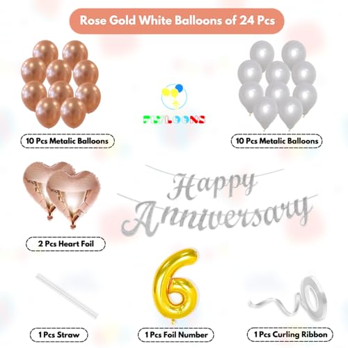 Image of Flyloons 6th Happy Anniversary Decoration Items Rose Gold White for Men Women Husband Wife Mom Dad Parent Couple Home Bedroom Car With 20 Pcs Metallic Balloons Anniversary Banner 2 Pcs Heart Set Kit