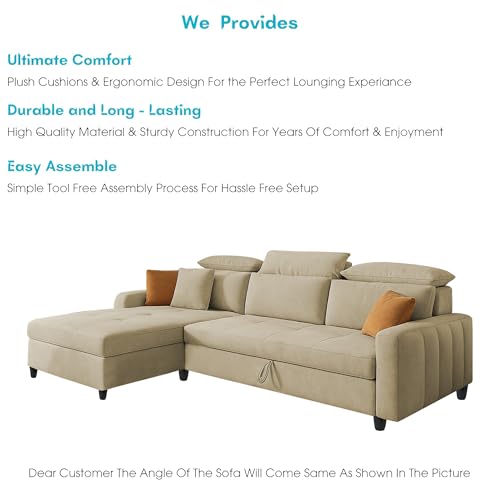 Image of Casaliving Gagnon LHS 4 Seater L Shape Corner Sofa Cum Bed for Living Room (Cream Fabric) Premium Fabric Sofa Cum Bed