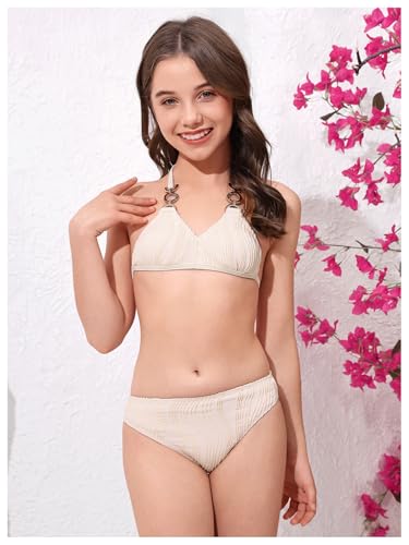 Image of SweatyRocks Girl's 3 Piece Swimsuit Textured Halter Bikini Set with Beach Cover Up Skirt Swimwear