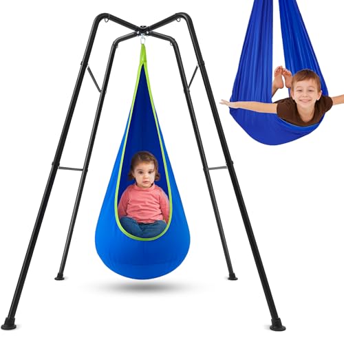 Lingvee Swing Stand Frame with Sensory Pod Chair and Swings Set Kid Heavy-Duty Metal Swing Frame Hammock Chair Stand Tree Saucer Sensory Round for Kids Adult Indoor Outdoor Backyard Park(Blue)