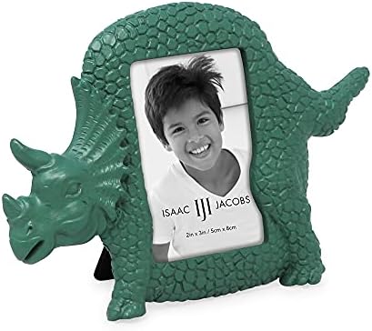 Isaac Jacobs 2” x 3” Resin Dinosaur Picture Frame, Vertical Keepsake Photo Frame with Easel and Hanging Tabs for Tabletop, Desktop & Wall Display (Triceratops, Green)