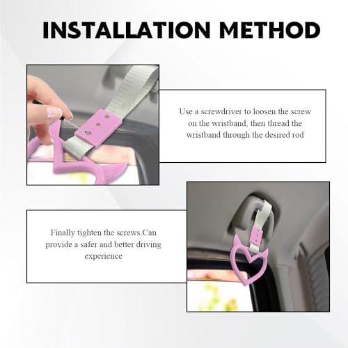 Image of 2PCS Heart shaped Car Handle Straps, Heart Car Accessories, Ring Hearts Shaped Cars Hand Strap Drift Charm, Universal Handle Keychains Accessory Suitable for Cars Bus (Pink+silver)