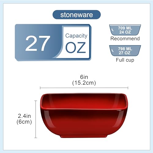 LOVECASA 4-teilige Steingut Müslischalen für 4-12 Personen, 790 ml (15,2 x 6 cm), Rot, | spülmaschinenfest, Suppen-, Salat- & Weihnachtsgerichte geeignet, ideal für Frühstück & Weihnachtsessen
