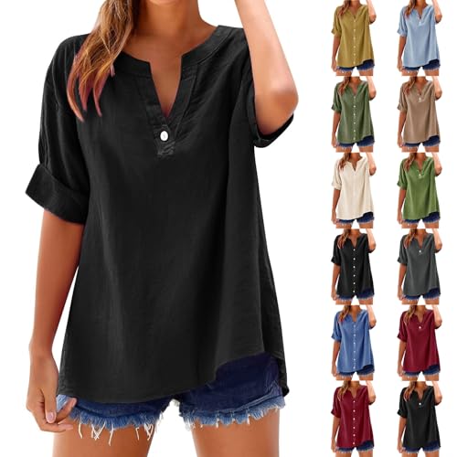 Dress Shirts for Women Summer Casual Tee for Women Linen Round Neck Short Sleeve Tops Button Down Solid Color Loose Fit Going Out Tunic Tops Ladies Summer Tops