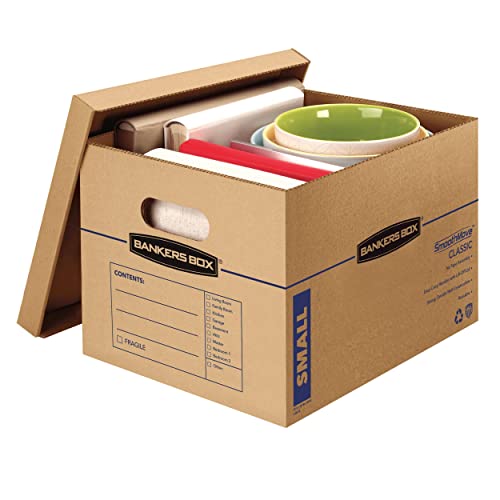Image of Bankers Box 10-Pack Small Classic Moving Boxes with Reinforced Handles | Pack books, files, and dense items with sturdy small boxes built for easy carrying and organized moves.