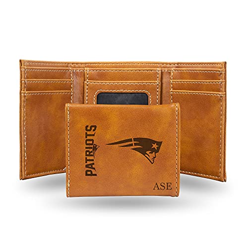 Rico Industries NFL Football New England Patriots Brown Personalized-Custom Laser Engraved Faux Leather Tri-fold Wallet - Slim Wallet