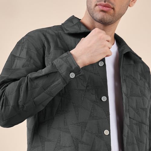 Image of Urban Scottish Men's Oversized Shacket, Cotton Jacquard, Long Sleeve Button Down Collared Shirt Jacket for Mens - Long Fit, Textured Fabric, Stylish Casual Outerwear