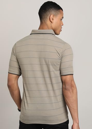 Image of INKKR Men Striped Polo Neck Cotton Blend T-Shirt