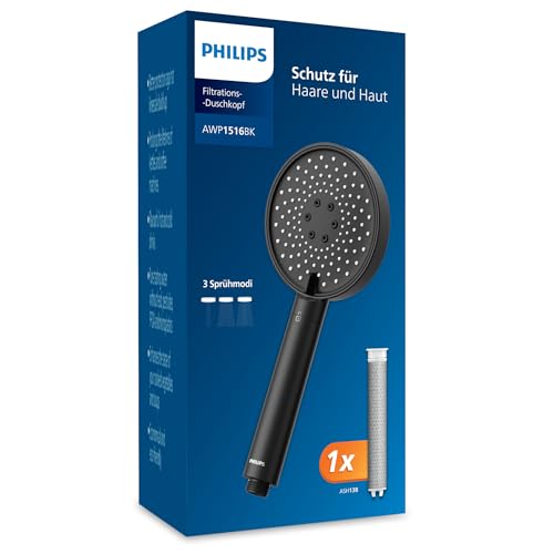 Philips Water Duschkopf mit Filter Schutz für Haut & Haare entfernt effektiv Chlor und große Partikel 3 Sprühmodi 1 Monat Filterkapazität Schwarz