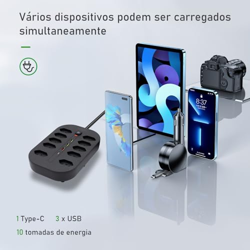 Extensão Tomada, Régua Tomada, Régua de Energia, 10 Tomadas, 3 Interfaces USB, 1 Porta USB Tipo-C, C