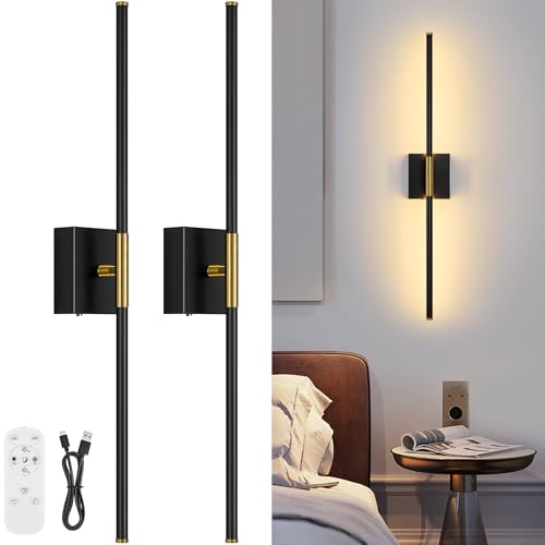 Image of Wall Sconces Set of Two with Remote Control 29.1 in Dimmable Black Gold Battery Operated Wall Lights 350 Ratation 3000K-6000K LED Wireless Rechargeable Sconce for Bathroom Living Room Bedroom