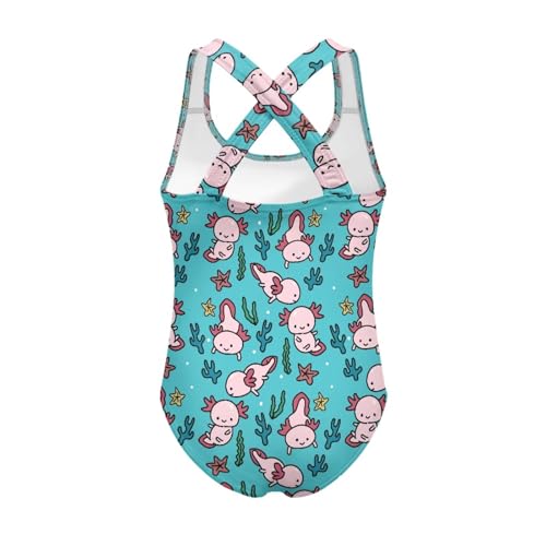 Image of Girls One Piece Swimsuit Axolotl Cross Back Straps Bathing Suit Lightweight Quick Dry Gymnastics Leotard