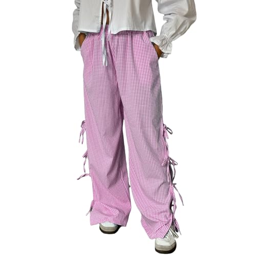 Image of Y2K Gingham Pants for Women Bow Tie Side Slit Wide Leg Lounge Bottom Plaid Checkered Loose Fit Going Out Pants