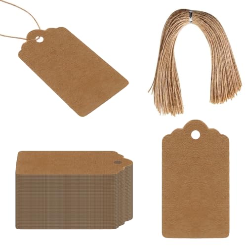 Xynovate 100 Stück Geschenkanhänger Braun, Geschenkanhänger Weihnachten, Kraftpapier Etiketten mit Juteschnur für Weihnachtsgeschenke, Geschenkverpackung, DIY Basteln (Rechteckig 4x7cm–A）