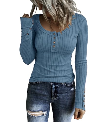 Image of KINLONSAIR Women's Long Sleeve Henley T Shirts Button Down Slim Fit Tops Scoop Neck Ribbed Knit Shirts