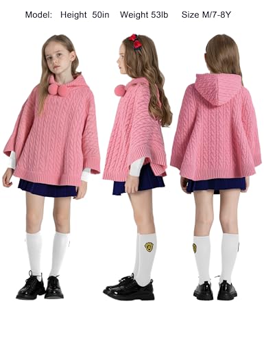 JSTEX Girls Poncho Sweater Cable Knit Cape Girl Hooded Pullover Sweater Holiday Kids Shawl Wrap for 6-122
