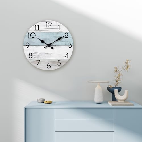 Image of KECYET Wall Clock Silent Non-Ticking Wooden Clocks Battery Operated 16 Inch Small Country Retro Rustic and Beach Style Decorative for Living Room, Kitchen, Home,Bathroom, Bedroom (Blue)