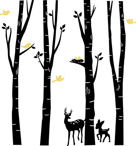 BDECOLL berkenstammen met hert en hert (2 kleurig) in de grootte 185 cm hoog x 200 cm breed/bos/dieren/muurstickers/muursticker zwart