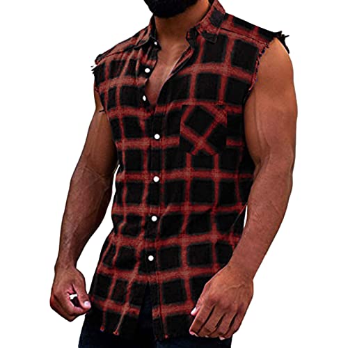 Herren Checkshirt Sleeveless Hemd Kariert Ärmellose Hemden Regular fit Flanellhemd Männer Sommer Baumwollhemd T-Shirt Tank Tops Freizeithemd