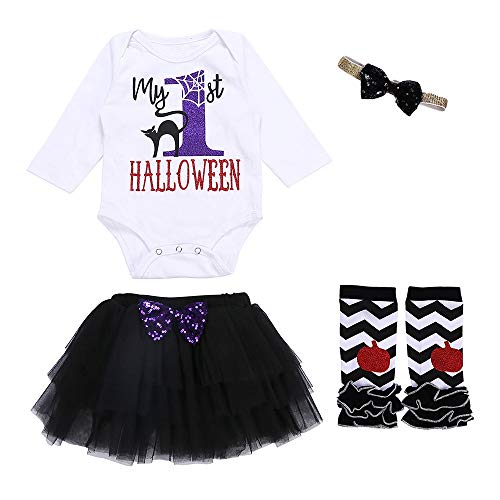 POLP niño-Halloween Disfraces de Halloween para niños Halloween Disfraz niña Disfraz Halloween Bebe 4PCS Infant Baby Letter Letter Romper + Calentadores de la Pierna + Diadema + Falda Tutu Outfit Set