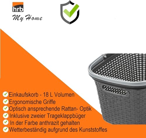 HRB Einkaufskorb in Rattan Optik, Großer Tragekorb mit Henkel, 18 Liter Volumen, Einkaufstasche, Korb (Anthrazit)
