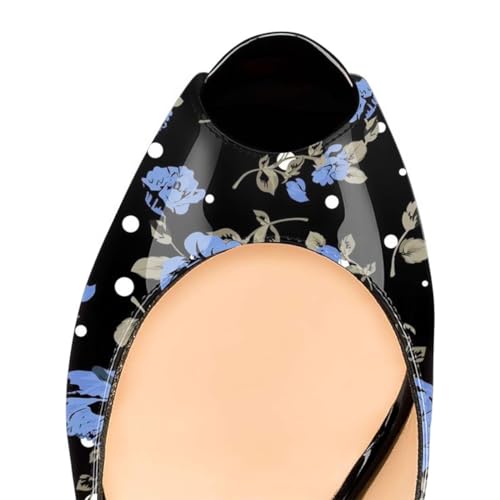 FOWT Summer Fashion Burnished Patent Leather Platform Black Wedges for Women Comfort Peep Open Toe 4 inch Heels Chic Slingback Heeled Sandals Dress Casual Shoes, US Size 4-16 M3