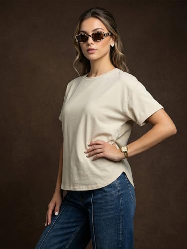 Image of JUNEBERRY Pure 100% Cotton Oversized Loose Fit Drop Shoulder Round Neck Boyfriend Fit Solid Half Sleeves T-Shirt for Women & Girls (Sizes: S to 2XL)