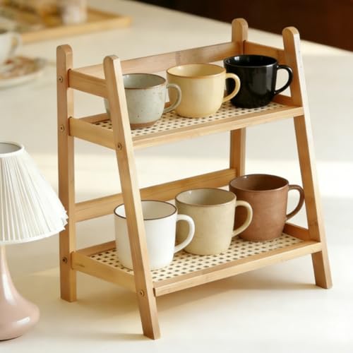 Organisateur de Cuisine à 2 Niveaux en Bambou, 44 x 18 x 28 cm Étagère à Épices, Rangement Plan de Travail Cuisine Imitation Rotin, Etagere Epices Debout,...
