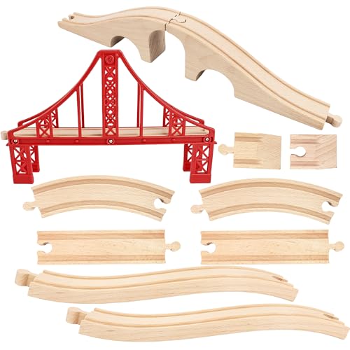 10 Pack Wooden Train Track Expansion Wood Train Bridge Straight Wooden Tracks Accessories Compatible with Most Railway Train Track