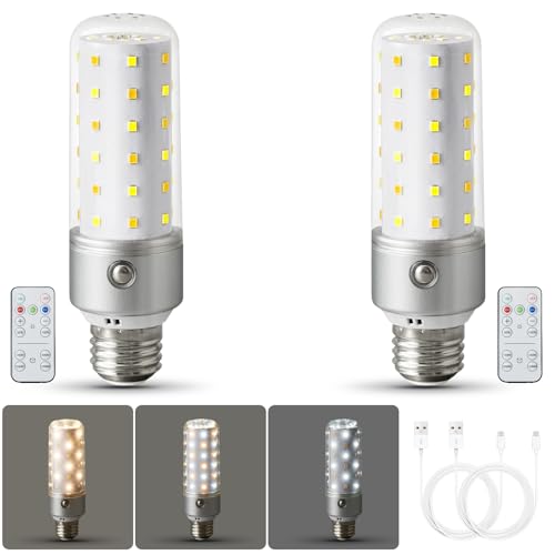 2 Pack Rechargeable Light Bulbs with Remote, Wireless E26 LED Bat...