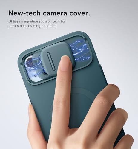 Image of SURITCH for iPhone 14 Plus /15 Plus Case with Magnetic Camera Slide Cover and Adjustable Kickstand, Compatible with MagSafe, Shockproof Bumper Case Slim Protective Cover 6.7 Inch, Lake Green