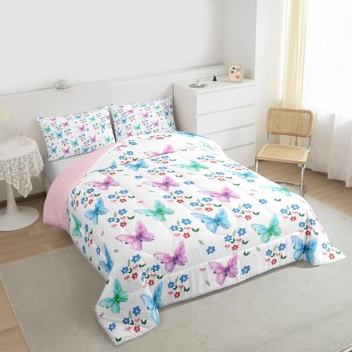 Image of Erosebridal Colorful Butterflies Full Size Comforter Sets for Kids Boys Girls,Blue Daisy Flower Bedding Set,Cottagecore Farmhouse Duvet Insert,Flying Butterfly Quilt Bedroom Decor