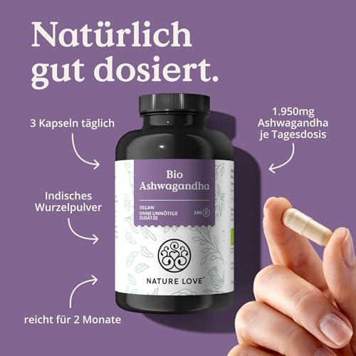 NATURE LOVE® Bio Ashwagandha - 240 Kapseln - Hochdosiert mit 1950mg je Tagesdosis - Hochwertiges indisches Ashwagandha - Laborgeprüft, vegan, in Deutschland produziert 3