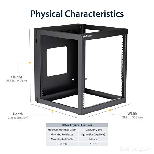Image of StarTech.com 4-Post 12U Hinged Wall-Mount Network Rack, 19 inch Open Frame Server Rack with 19.8in Mounting Depth, Wall Mount Swing Out Data Rack for IT / AV / Computer Equipment, TAA (RK1219WALLOH) | Swing-out hinged frame, SPCC cold-rolled steel, Ships fully assembled, Cage nuts, 19.8in /50.2cm depth