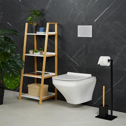 Image of Relaxdays Toilet Brush Set Bamboo Stainless Steel Standing Toilet Paper Holder Black /Natural