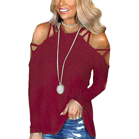 MAKARTHY Women's Shirts Cold Shoulder Off The Shoulder Tops Long Sleeve Casual Cotton Cute Strappy T-Shirt Blouse - red - Small Cover