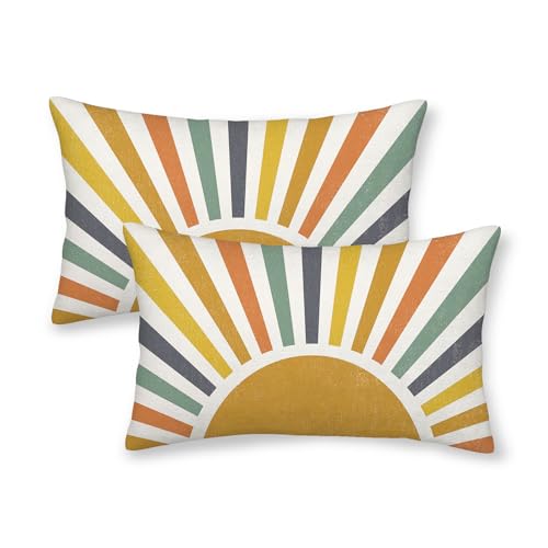 Fundas de almohada de verano de 12 x 20 pulgadas, 2 unidades, estilo bohemio, amarillo mostaza, sol, sol, decoración de exteriores, a rayas, arcoíris, sol, granja, decoración de vacaciones, funda de