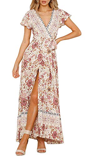ZESICA Women's 2025 Bohemian Floral Printed Wrap V Neck Short Sleeve Split Beach Party Maxi Dress,Ivory,Large