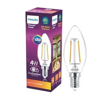 PHILIPS 4-Watt 400-lumen Clear Candle E14 Base (Warm White) - Decorative, Ambience for Chandeliers, Wall lights, Desk lamps, Floor lamps