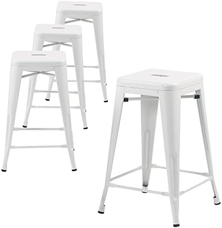 Buschman Metal Bar Stools 24" Counter Height, Indoor/Outdoor and Stackable, Set of 4 (White)