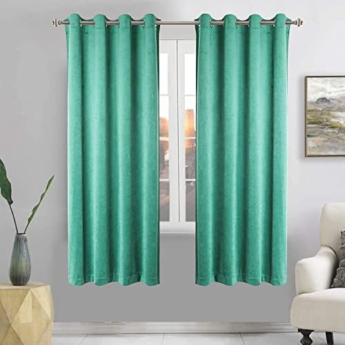 SNITIE Aqua Green 63in Long Velvet Blackout Curtains with Grommet, Super Soft Thermal Insulated Noise Reducing Thick Velvet Drapes for Living Room and Bedroom, Set of 2 Panels, 52 x 63 Inch Long
