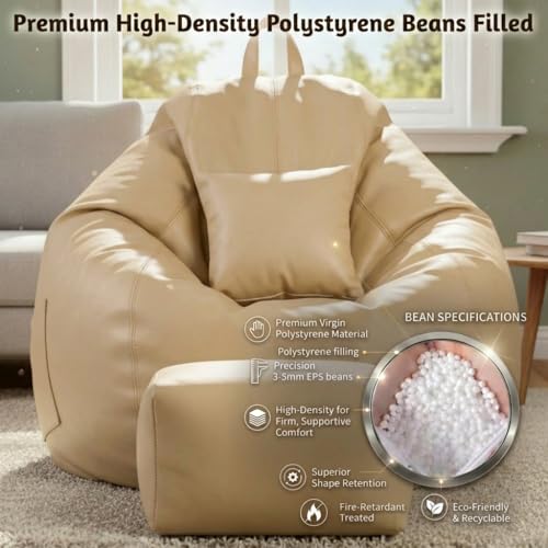 Image of KAM'S LIEU 5XL Luxury Faux Leather Bean Bag with Footrest & Cushion | Pre-Filled High-Density Polystyrene Beans | Premium Leatherette | 6 Months Warranty Color- (Cream, with Footrest)
