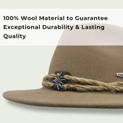 Image of German Oktoberfest Hat - 100% Wool Alpine Tyrolean Fedora with Edelweiss Pin & Rope - Charcoal Bavarian Hat for Men & Women