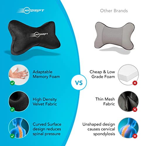 Image of Neodrift 'NeckBone' - Neck Rest Cushion Orthopedic Velvet Memory Foam Pillow for Neck, Head, Shoulder Support - Pain Relief for Car, Set of 2 (Colour-Black+Silver)