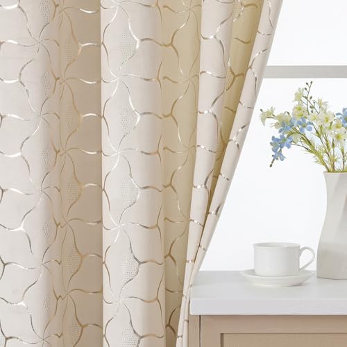 Gazal Vole Cortinas Color Crema Doradas diseño geométrico, Al220 x An140 cm, Juego de 2 Paneles, Terciopelo Suave, Cortinas Opacas 75-80%, Ojales metálicos 4 cm, salón Dormitorio Oficina