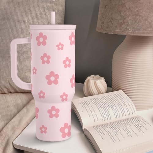Image of Floral Tumbler with Handle and Straw 40oz Stainless Sleel Slider Tumbler Travel Coffee Mug for Women - Gift Idea for Birthday Christmas